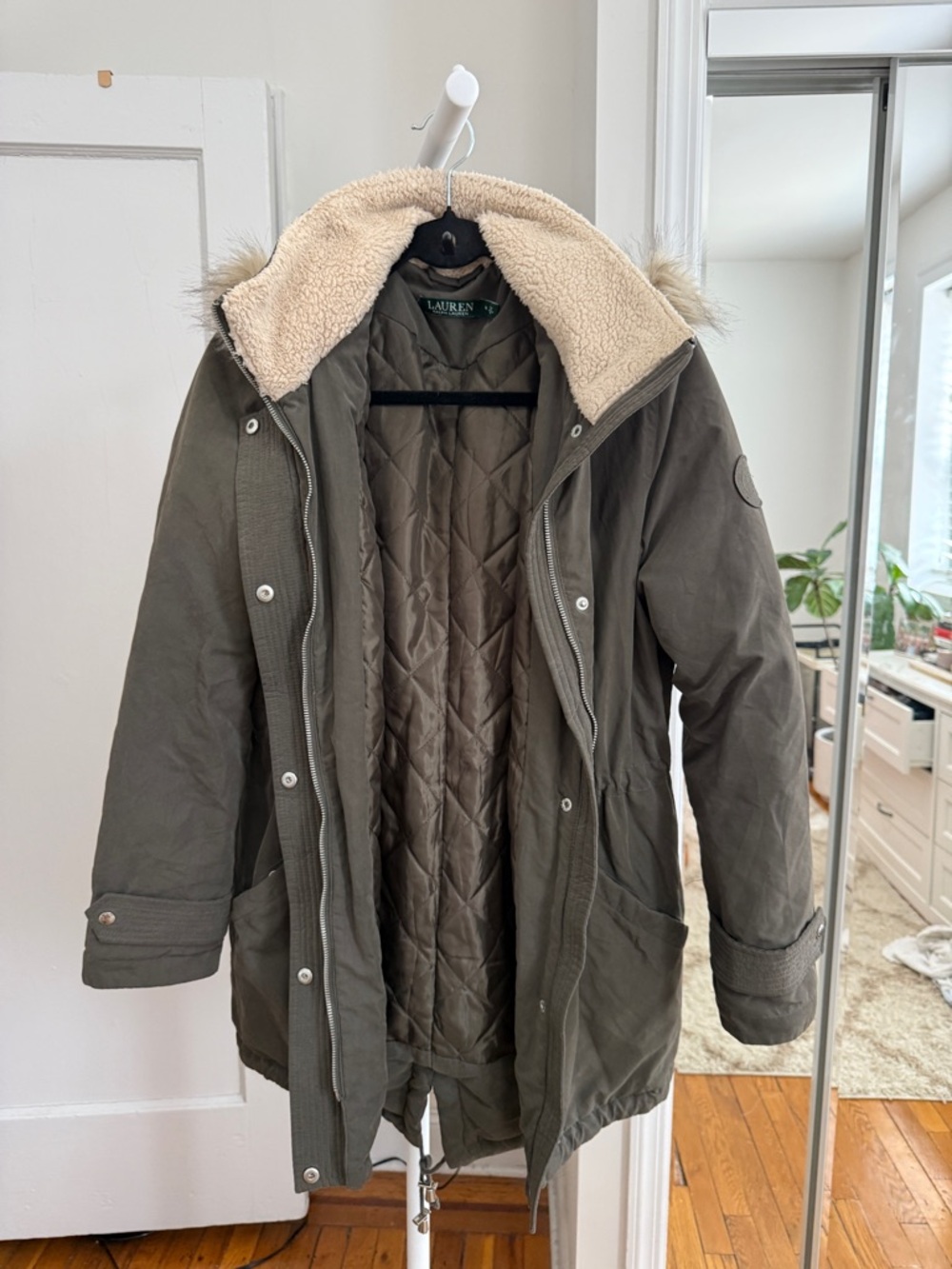 Lauren Ralph Lauren Olive Green Quilted Parka, Removable Sherpa Hood